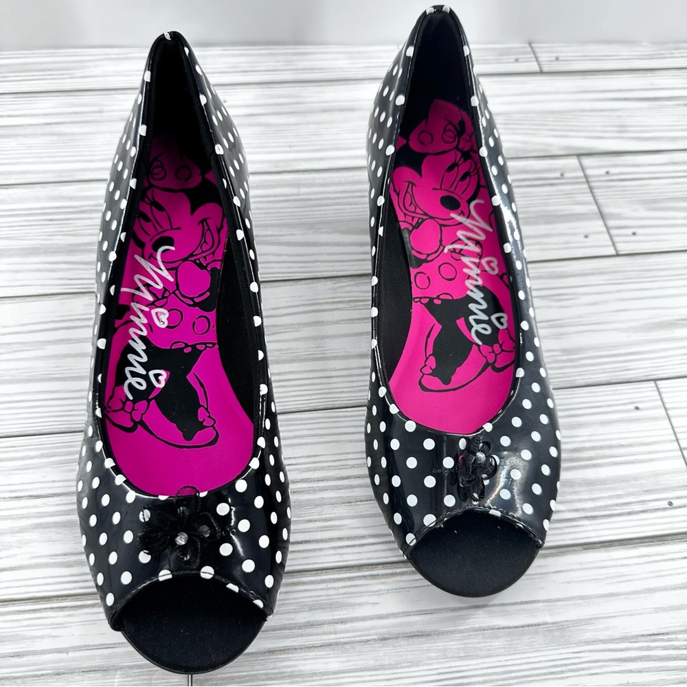 Disney Minnie Mouse Girls US 3 Polka Dot Peep Toe Bow Dress Shoes Wedge Heels
